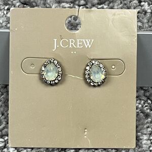 J Crew White Teardrop Stud Earrings Gold Tone Rhinestone Halo Jewelry Signed